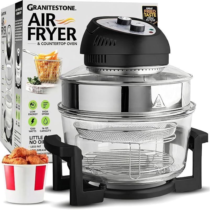Granitestone 16QT Large Glass Air Fryer, Non Toxic, Self Cleaning, Dis