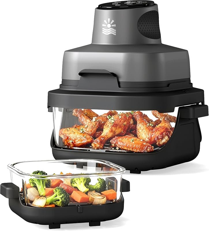 4-in-1 Portable Glass Air Fryer 1500W, 4.2QT Dual Containers, Max Cris